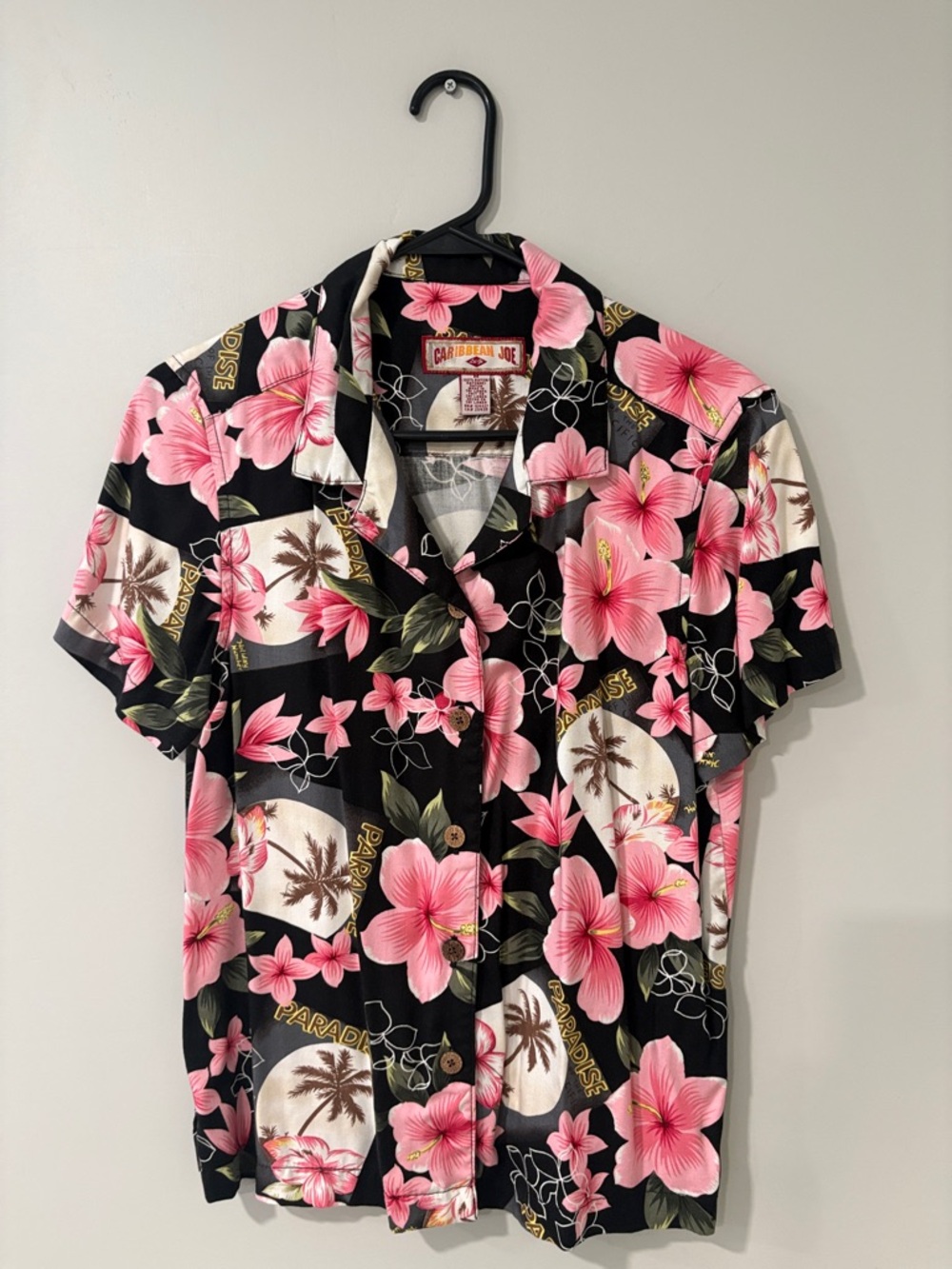 Caribbean Joe Black and Pink Floral Hawaiian Camp Shirt